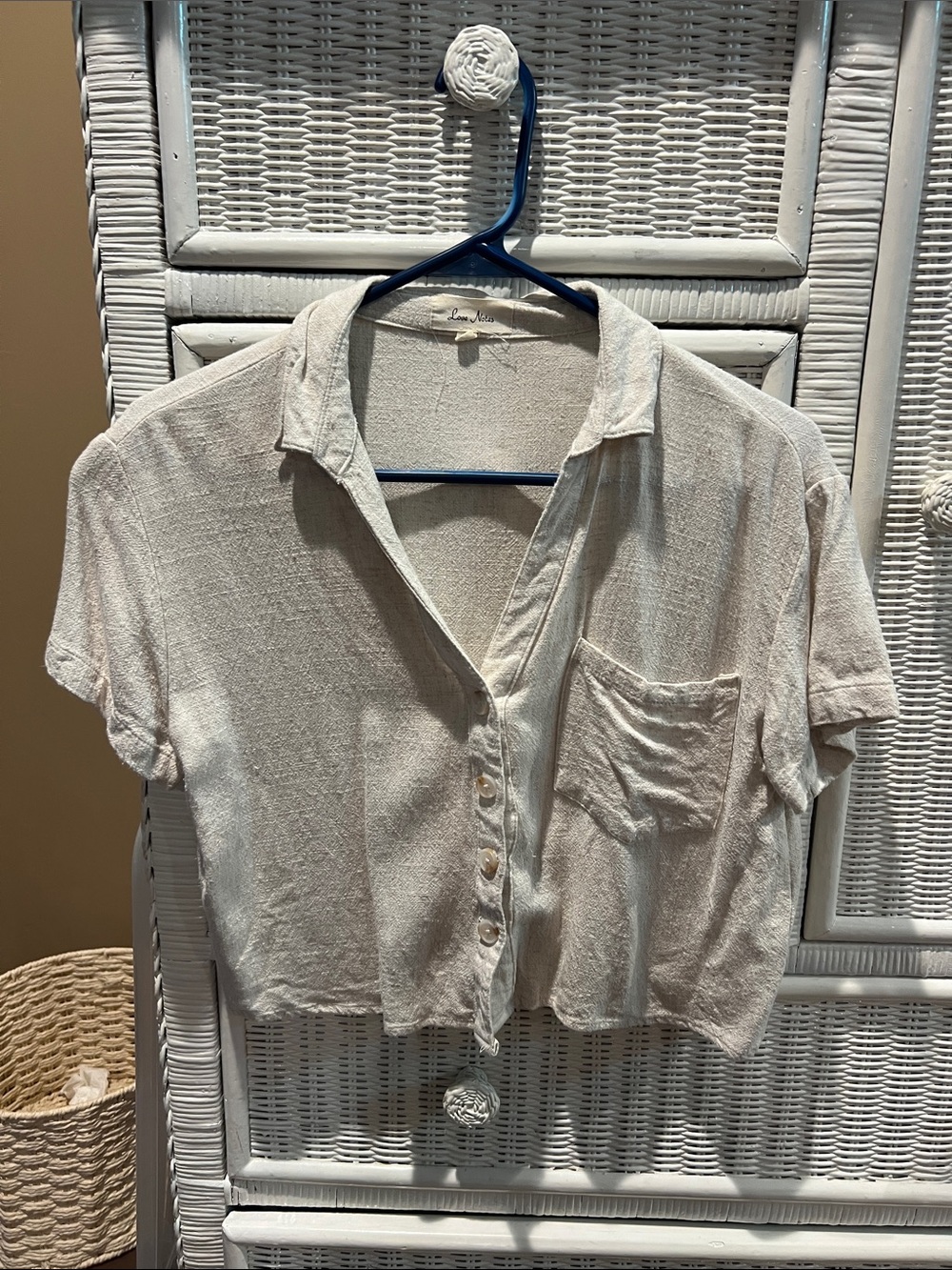 Love Notes Cream Short-Sleeve Button-Down Crop Top